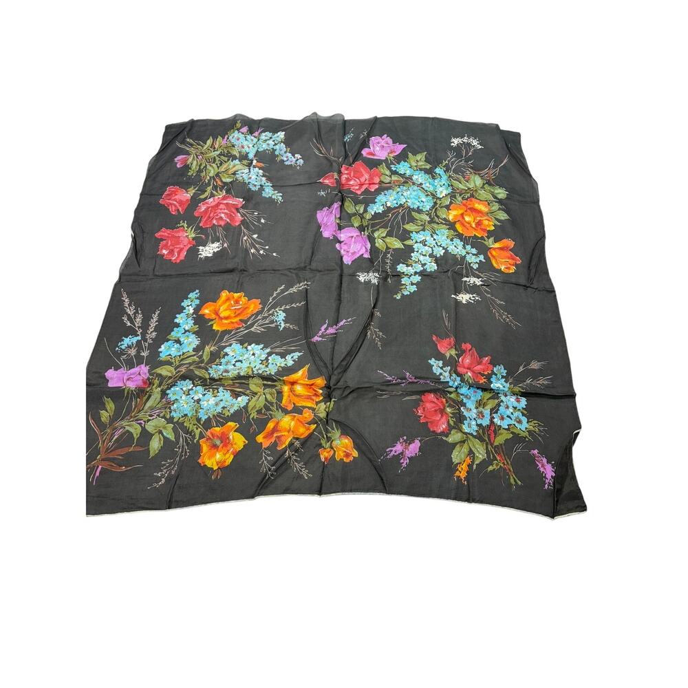 VTG black multicolor floral scarf. 30 inch square. vintage. silk feel
